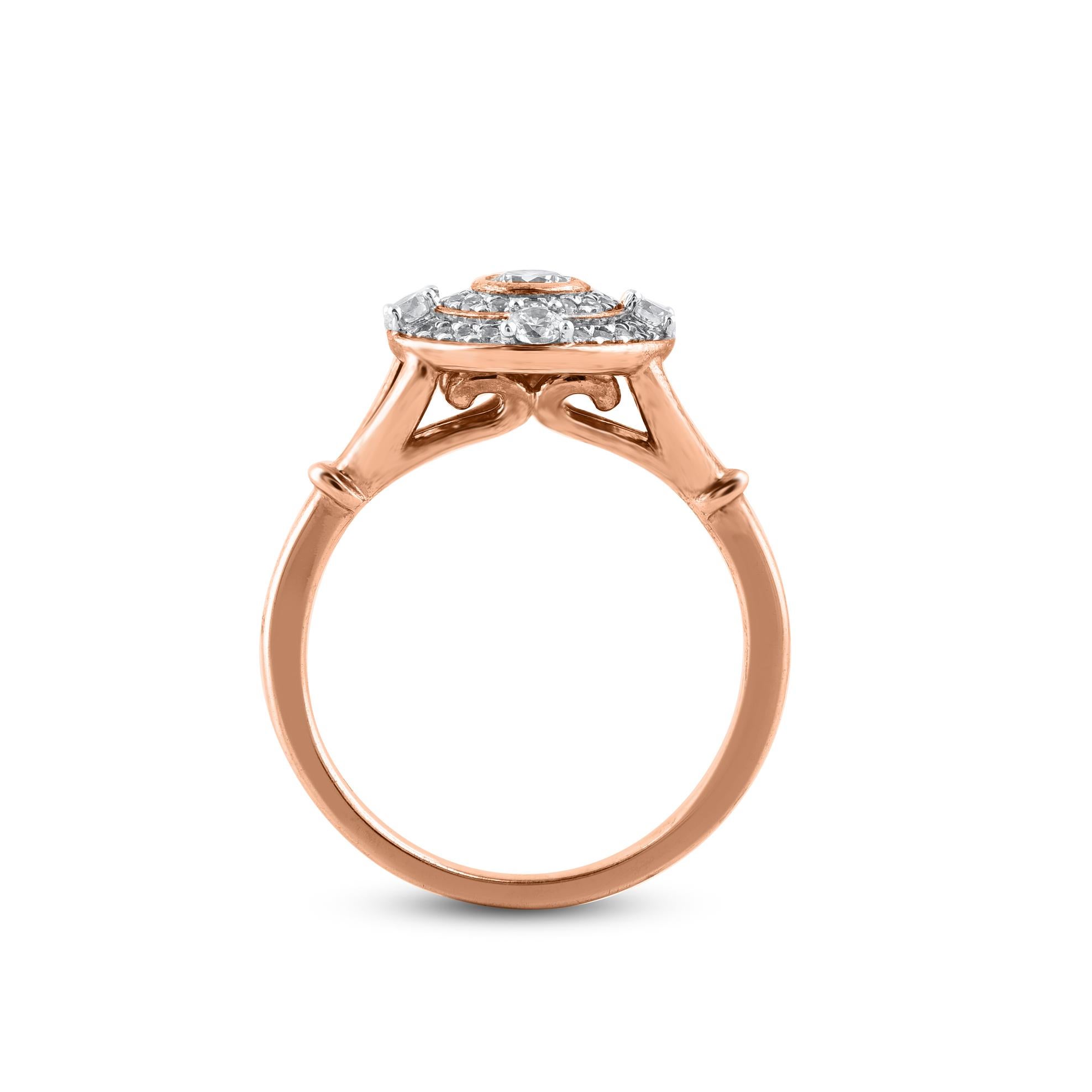 TJD 0.50 Carat Round Diamond 14 Karat Rose Gold Double Halo Anniversary Ring In New Condition For Sale In New York, NY
