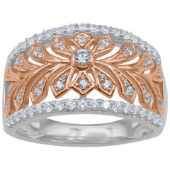 TJD 0.50 Carat Round Diamond 14 Karat Two-Tone Filigree Anniversary Band Ring