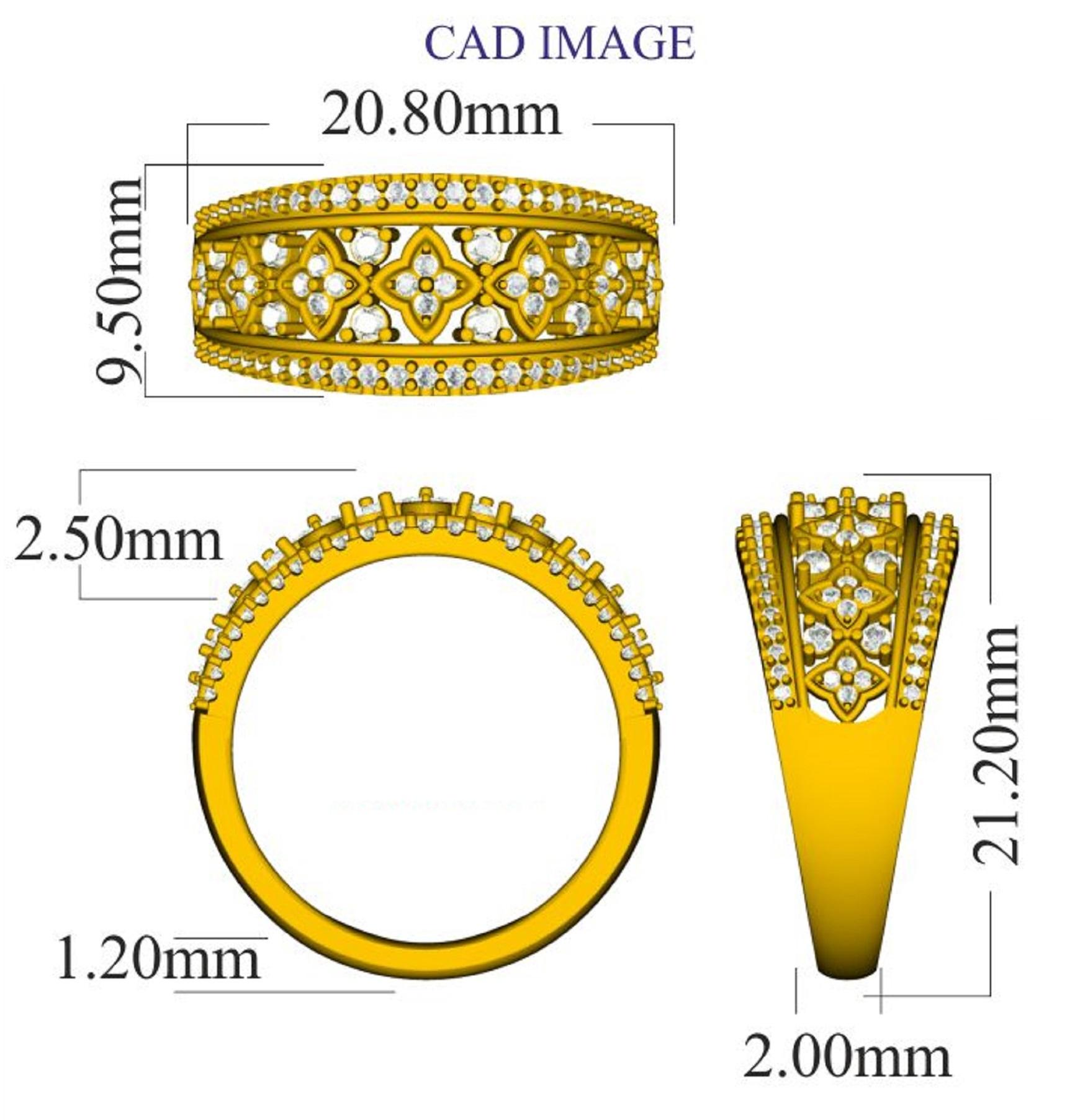 This Wide Wedding Band Ring is expertly crafted in 14 Karat White Gold and features 90 Round cut White diamonds set in a beautiful design in stackable prong, pave and prong setting. This wedding ring has high polish finish and is a valuable addition