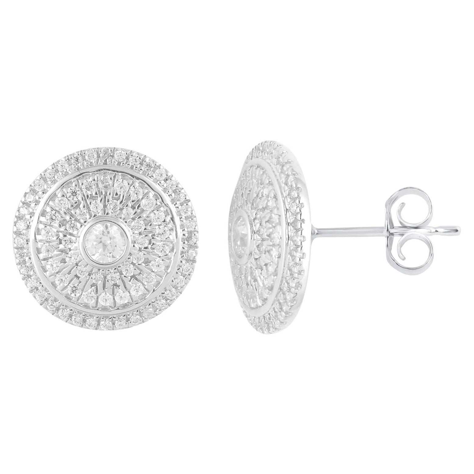 TJD Pendientes de oro blanco de 14 quilates con diamante redondo de 0,50 quilates en racimo circular
