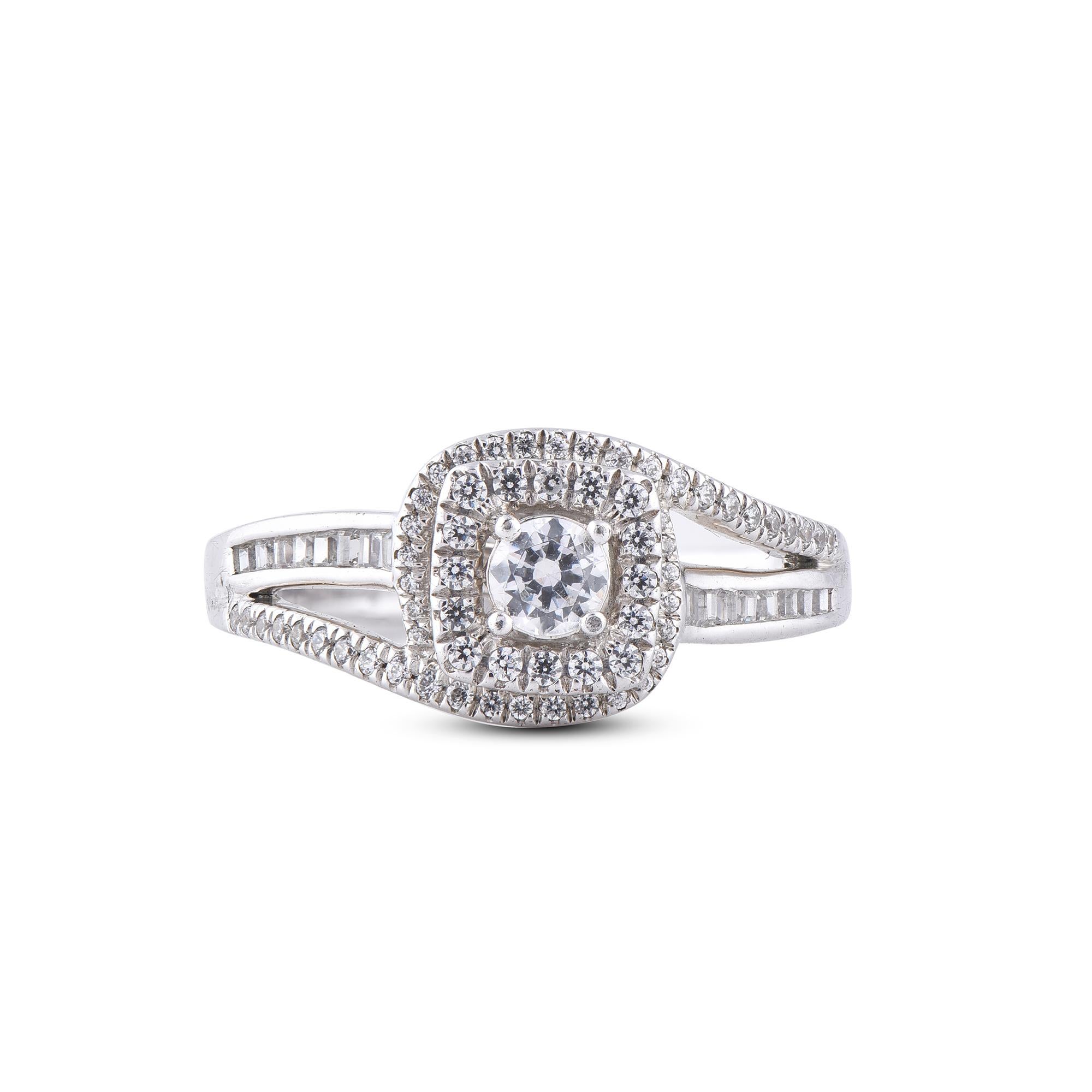TJD Anillo de compromiso con vástago curvo de oro blanco de 14 quilates y diamante redondo de 0,50 quilates Art Decó en venta