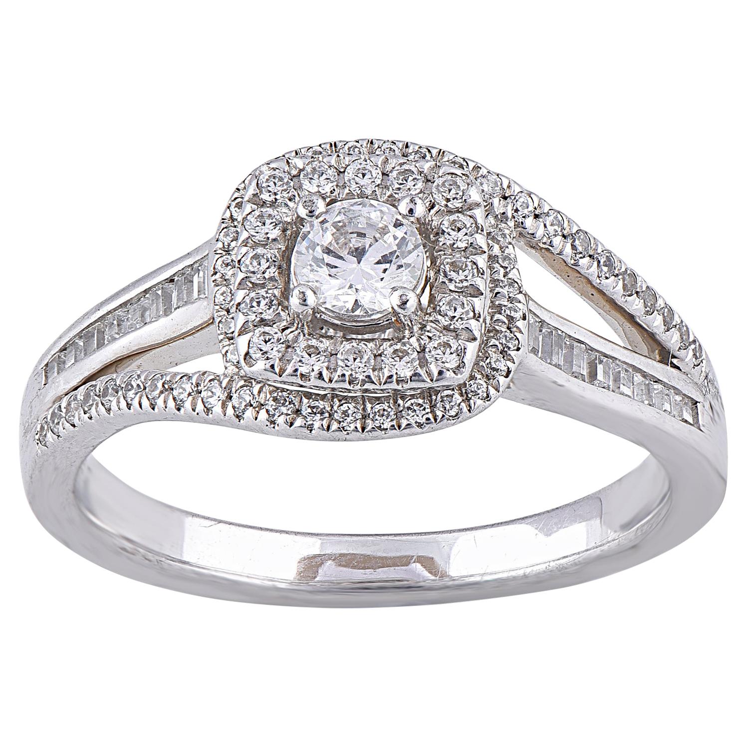 TJD 0.50 Carat Round Diamond 14 Karat White Gold Curvy Shank Engagement Ring