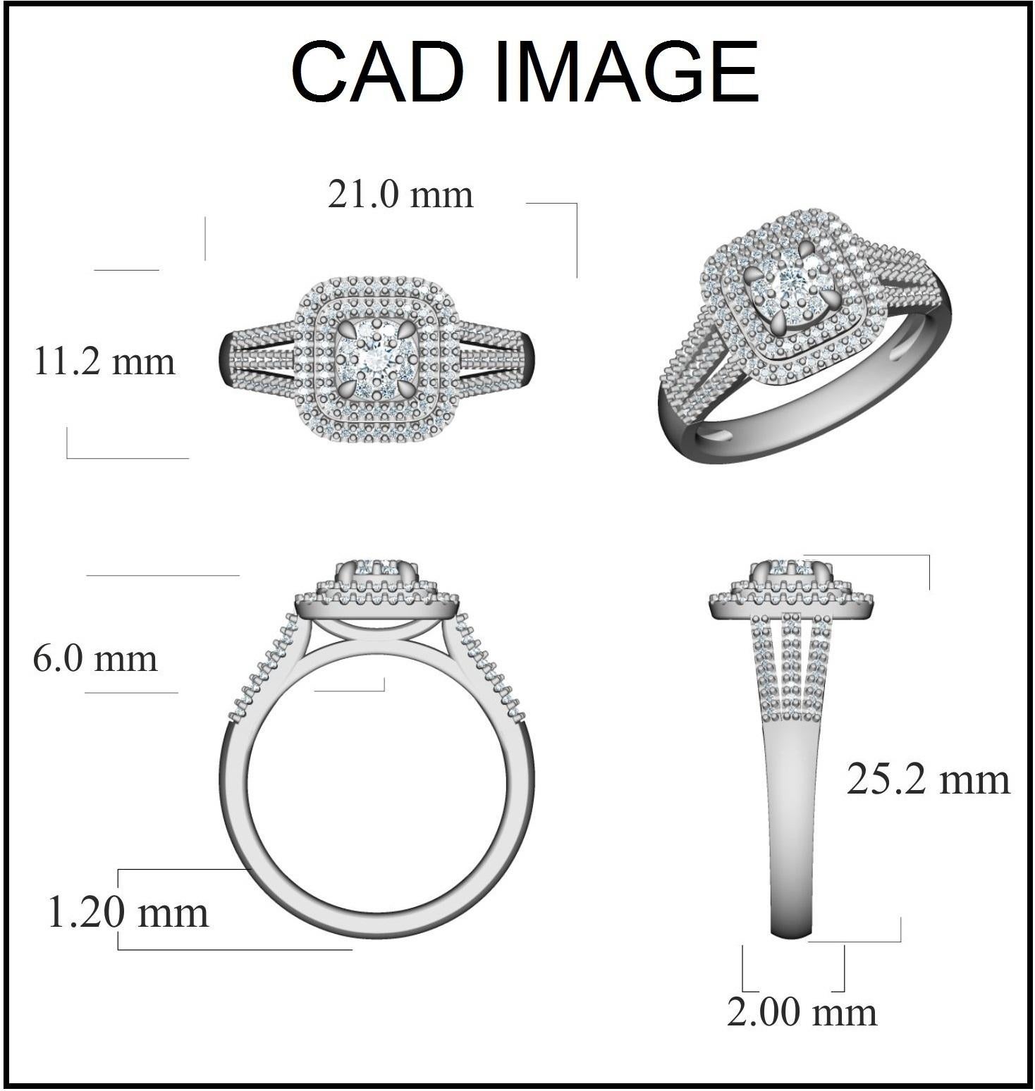 With one look of this Beautiful Round Split Shank Diamond Engagement Ring crafted in 14 kt white gold. This ring is beautifully designed and studded with 113 round diamonds set in prong and pressure setting. We only use natural diamond which shines