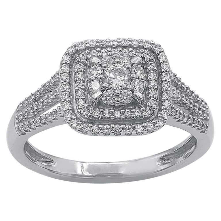 TJD 0.50 Carat Round Diamond 14 Karat White Gold Double Halo Cluster Ring