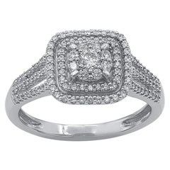 TJD 0.50 Carat Round Diamond 14 Karat White Gold Double Halo Cluster Ring