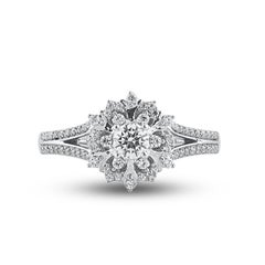 TJD 0.50 Carat Round Diamond 14 Karat White Gold Flower Engagement Ring