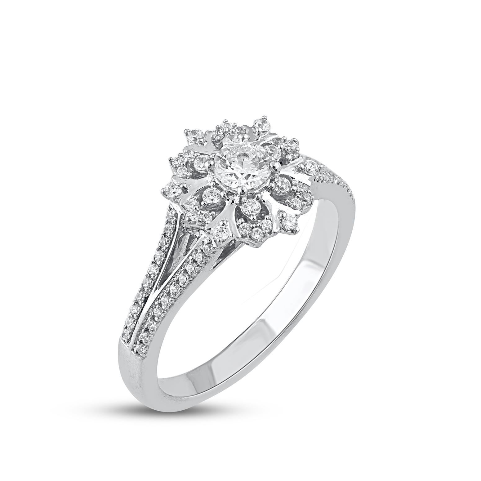 Modern TJD 0.50 Carat Round Diamond 14 Karat White Gold Flower Engagement Ring For Sale