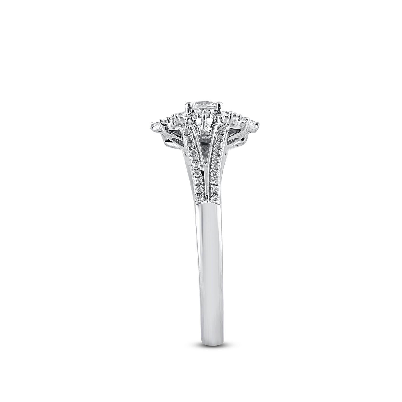 Round Cut TJD 0.50 Carat Round Diamond 14 Karat White Gold Flower Engagement Ring For Sale