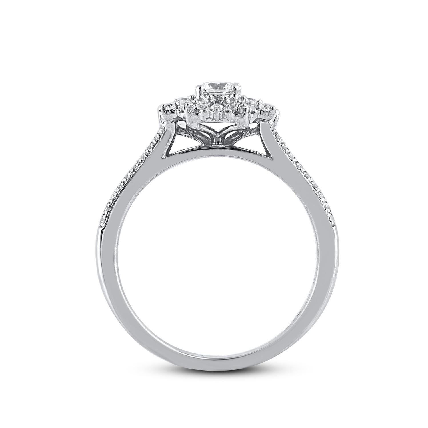 TJD 0.50 Carat Round Diamond 14 Karat White Gold Flower Engagement Ring In New Condition For Sale In New York, NY