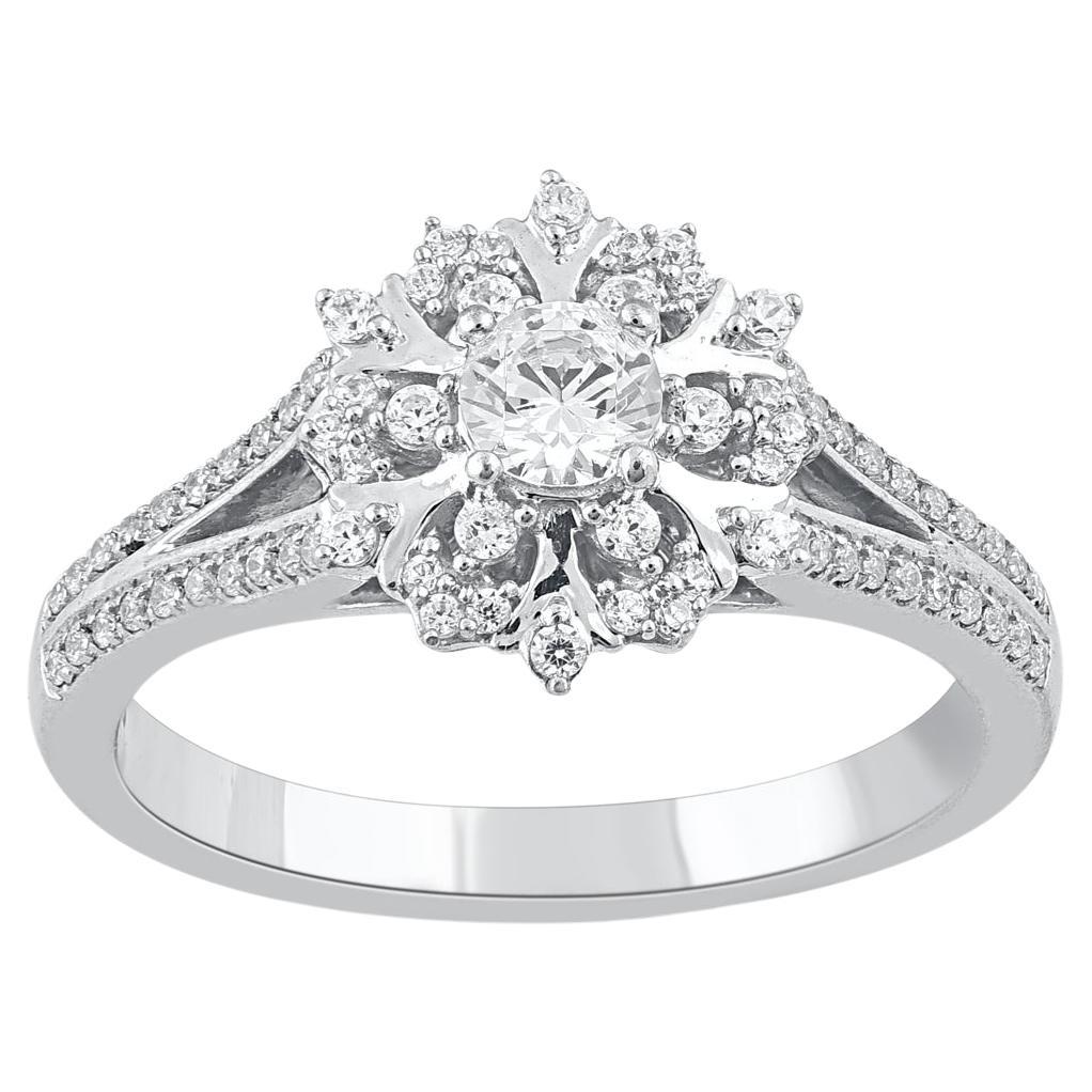 TJD 0.50 Carat Round Diamond 14 Karat White Gold Flower Engagement Ring