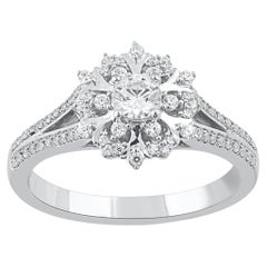 TJD 0.50 Carat Round Diamond 14 Karat White Gold Flower Engagement Ring