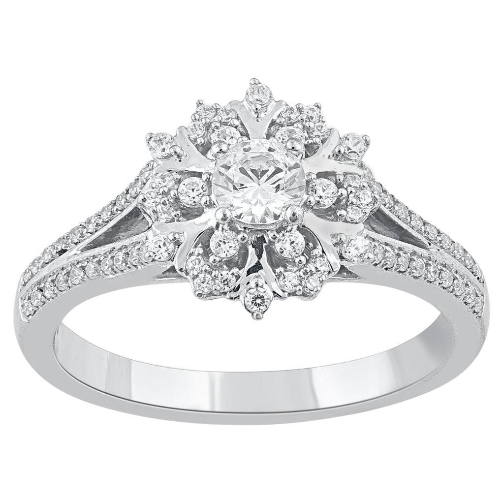 TJD 0.50 Carat Round Diamond 14 Karat White Gold Flower Engagement Ring For Sale