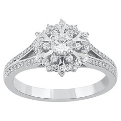TJD 0.50 Carat Round Diamond 14 Karat White Gold Flower Engagement Ring