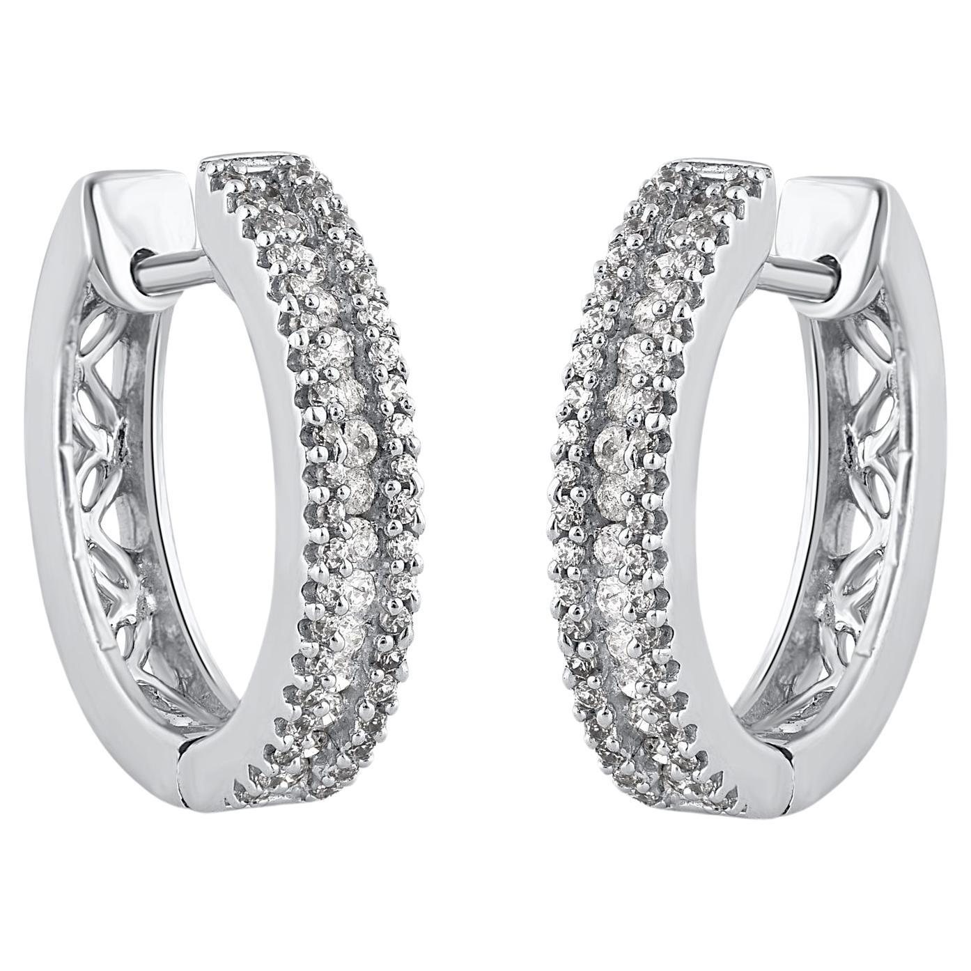 TJD 0.50 Carat Round Diamond 14 Karat White Gold Huggie Hoop Earrings For Sale