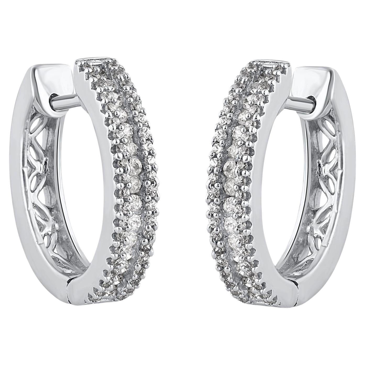 TJD 0.50 Carat Round Diamond 14 Karat White Gold Huggie Hoop Earrings