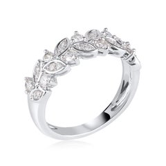 TJD 0.50 Carat Round Diamond 14 Karat White Gold Leaf Petal Wedding Band Ring