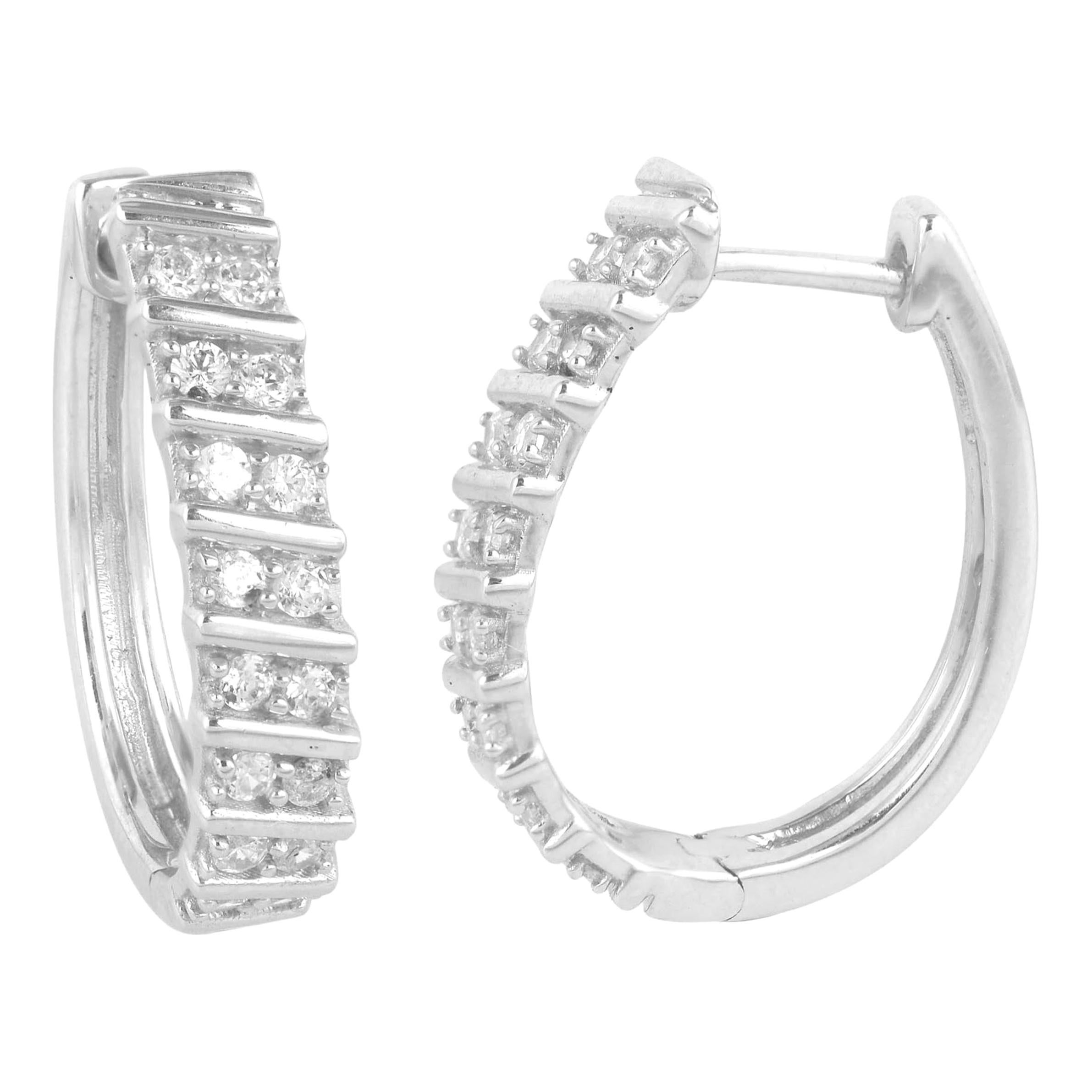 TJD 0.50 Carat Round Diamond 14 Karat White Gold Pave Set Huggie Hoop Earrings For Sale