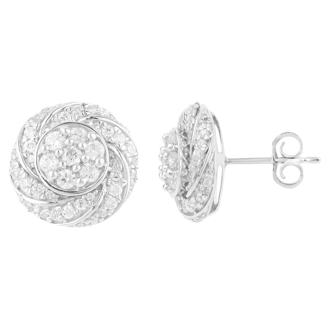 TJD 0.50 Carat Round Diamond 14 Karat White Gold Spiral Cluster Stud Earrings
