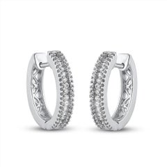 TJD 0.50 Carat Round Diamond 14 Karat White Gold Three Row Huggie Hoop Earrings