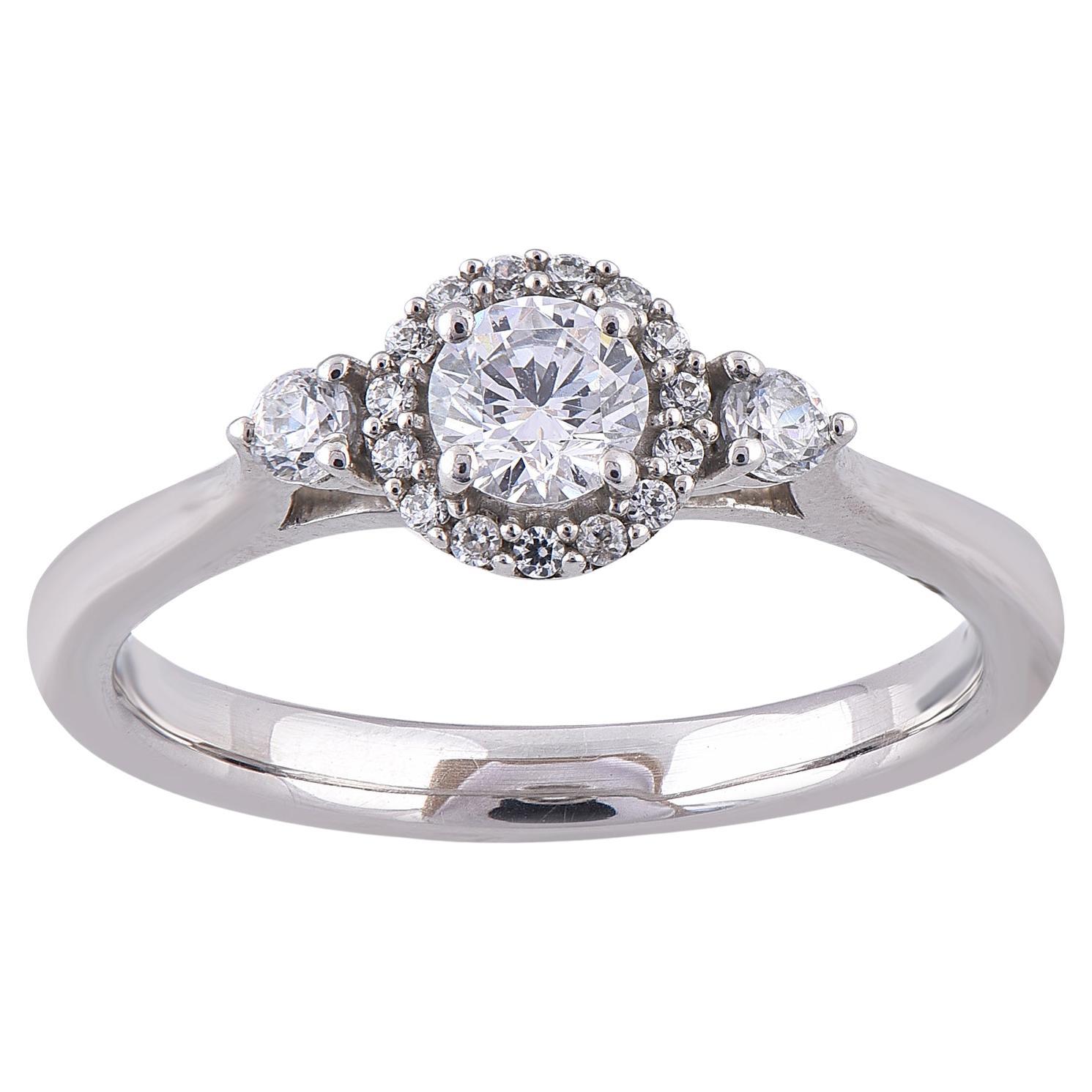 TJD 0.50 Carat Round Diamond 14 Karat White Gold Three Stone Anniversary Ring