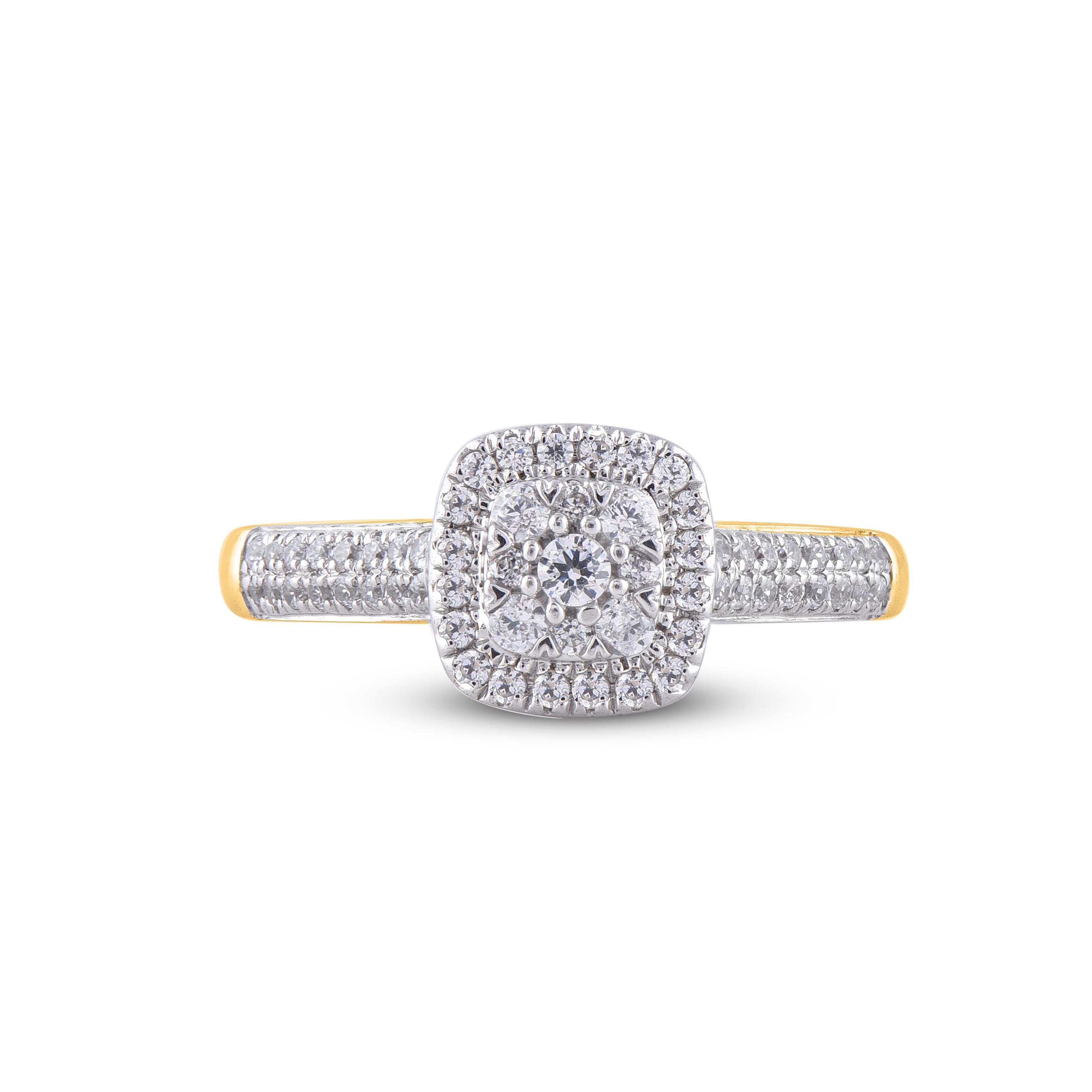 Taille ronde TJD Bague de fiançailles en forme de coussin en or jaune 14 carats avec diamants ronds de 0,50 carat en vente
