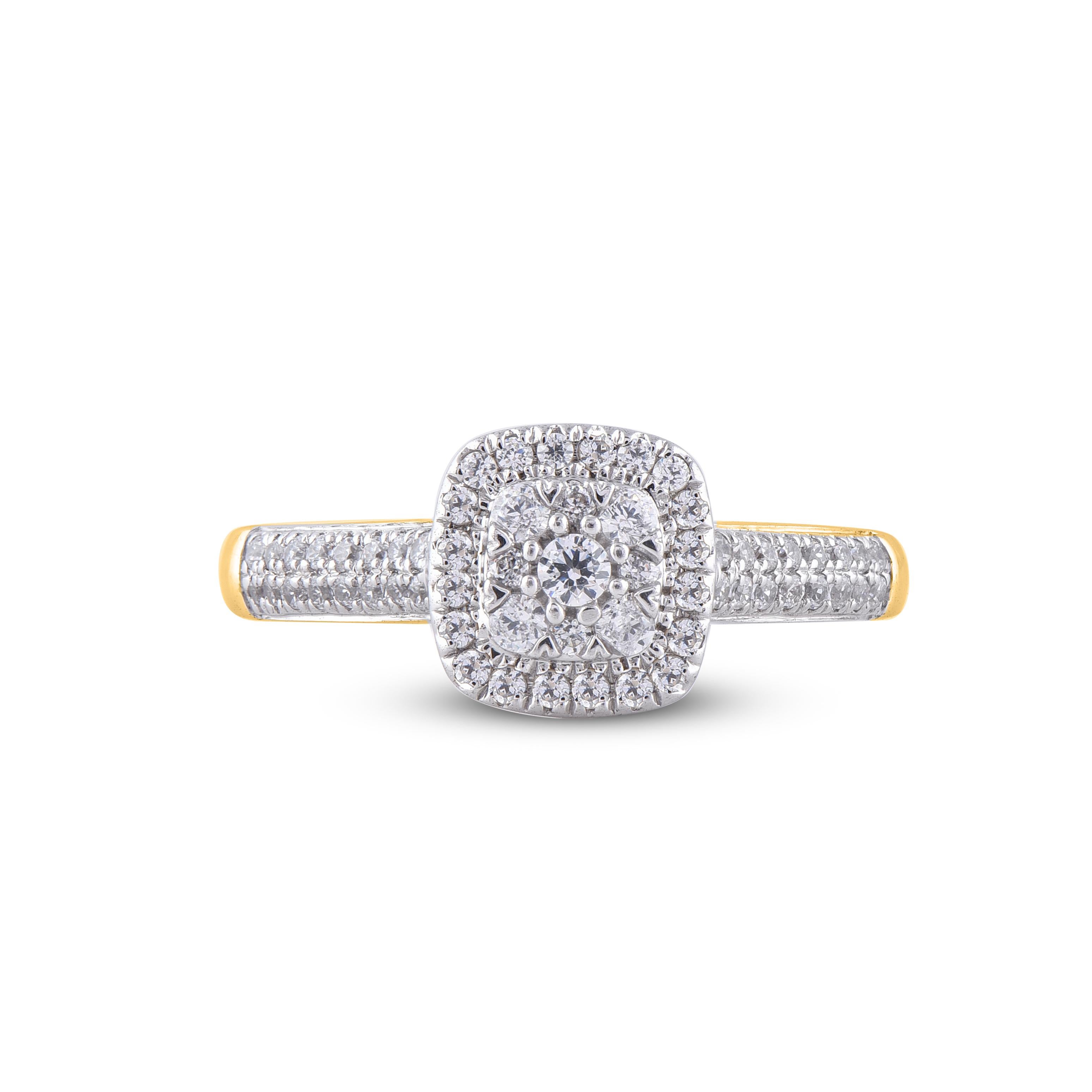 Art déco Bague de fiançailles taille coussin en or jaune 14 carats avec diamants ronds de 0,50 carat TJD en vente