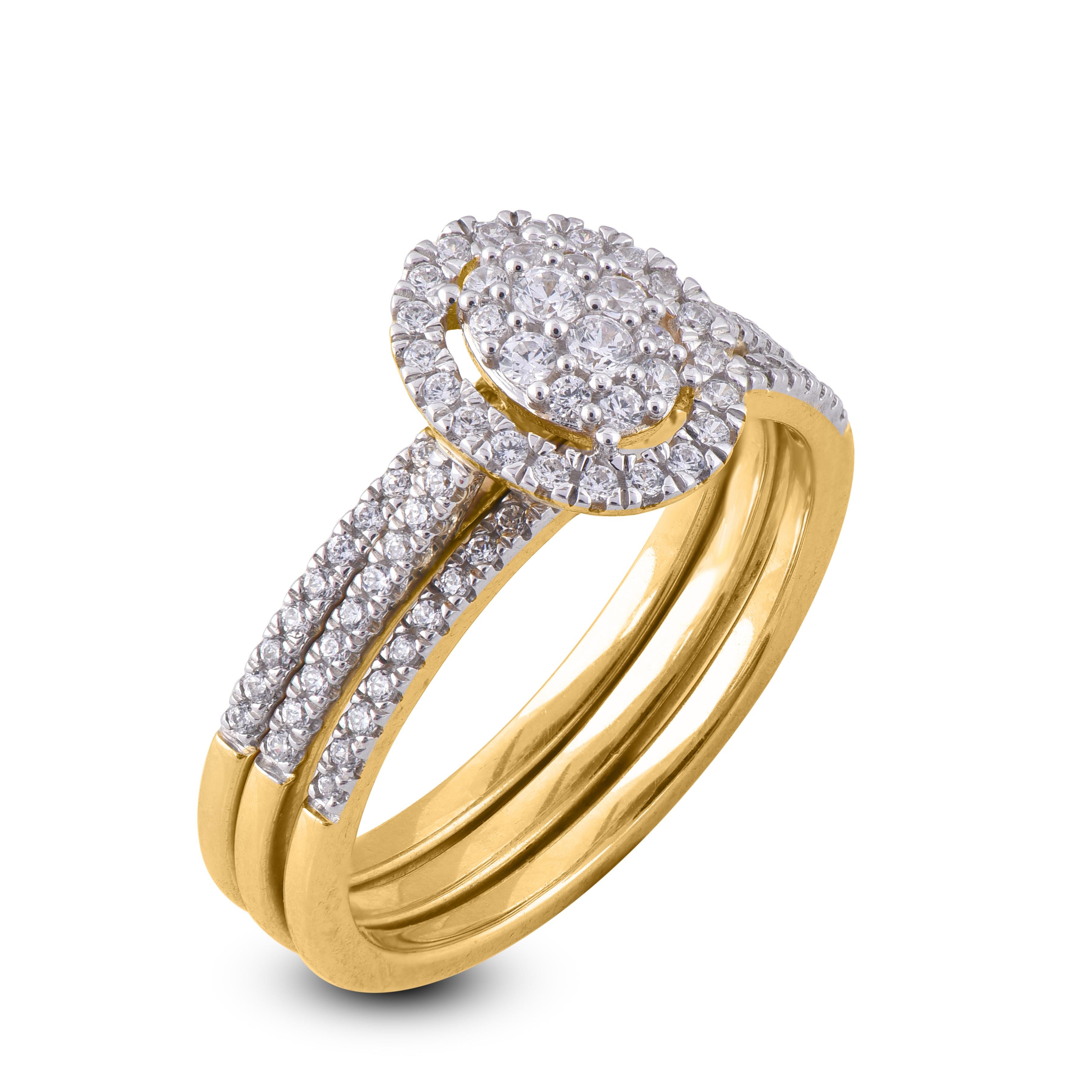 A beautiful Engagement Ring with 96 diamonds in prong, setting crafted in 14 karat Yellow gold, diamonds are graded H-I color I2 Clarity
