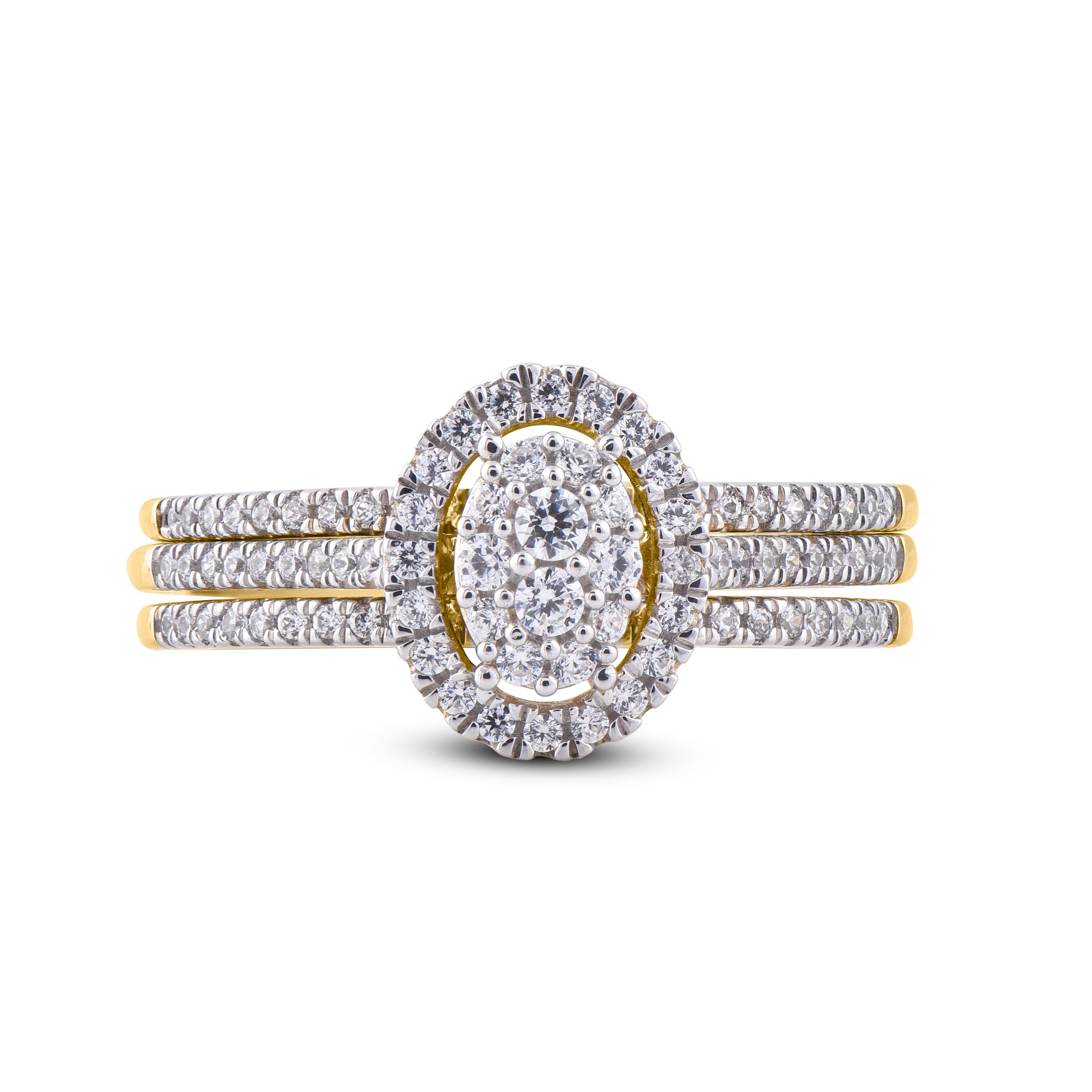 Art déco Bague de fiançailles en or jaune 14 carats sertie d'un diamant rond de 0,50 carat TJD en vente