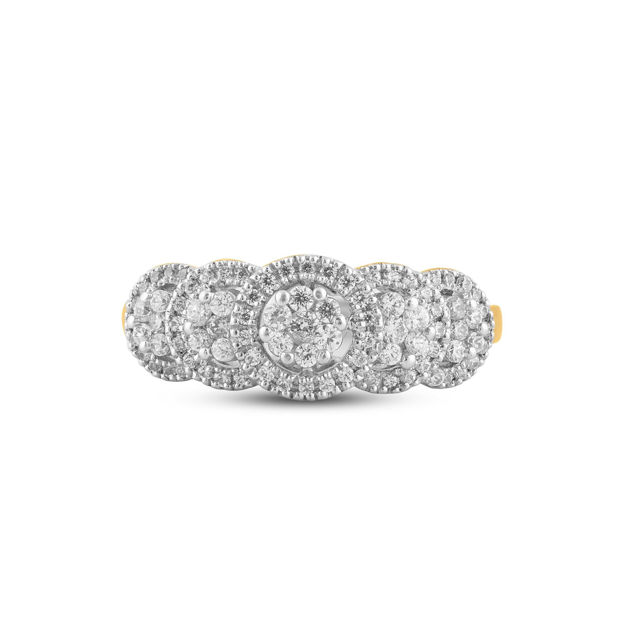 Art Deco TJD 0.50 Carat Round Diamond 14 Karat Yellow Gold Halo 5 Cluster Designer Ring For Sale
