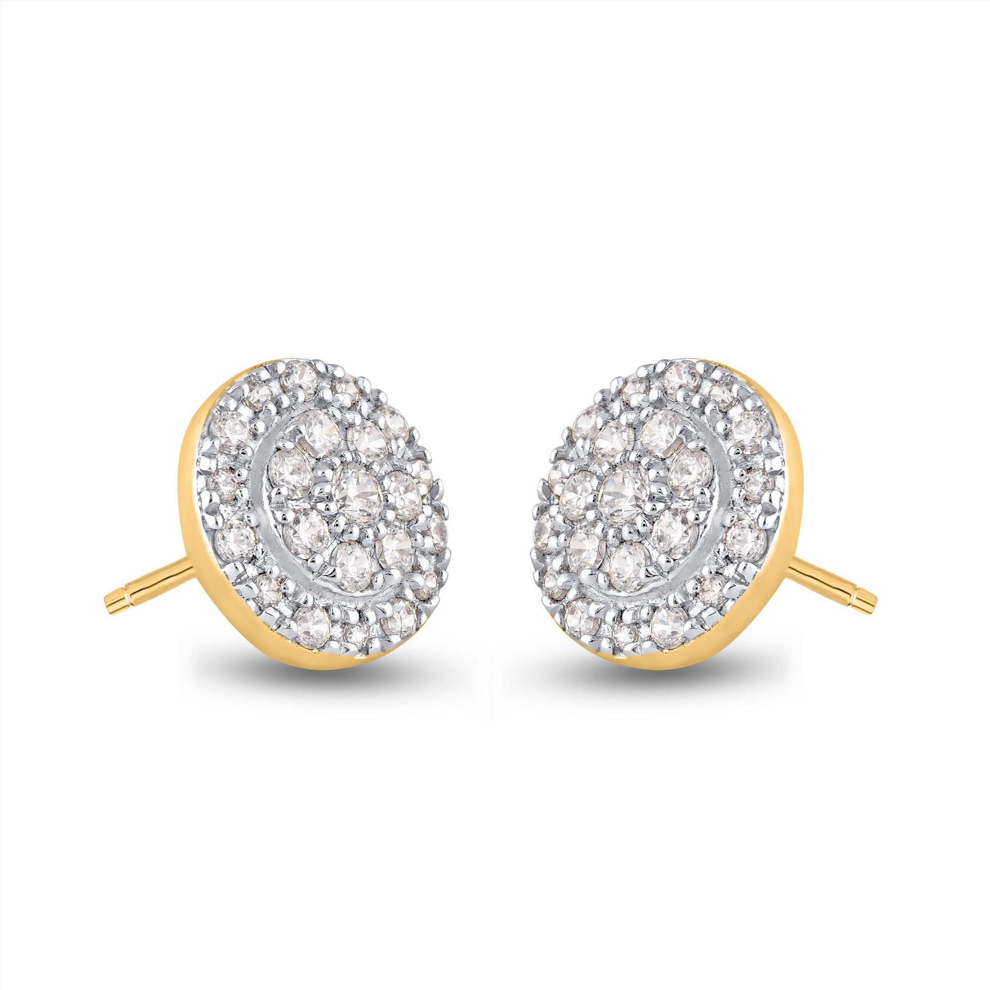 Ready for any occasions, these diamond frame stud earrings are shimmering look she'll wear with everything. The earrings is crafted from 14-karat Yellow gold and features Round-44 Natural white diamond set in Prong setting, H-I color I2 clarity. A