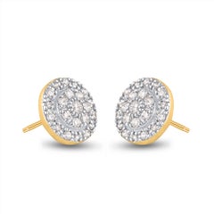 TJD 0.50 Carat Round Diamond Cushion Halo Cluster Stud Earrings 14K Yellow Gold