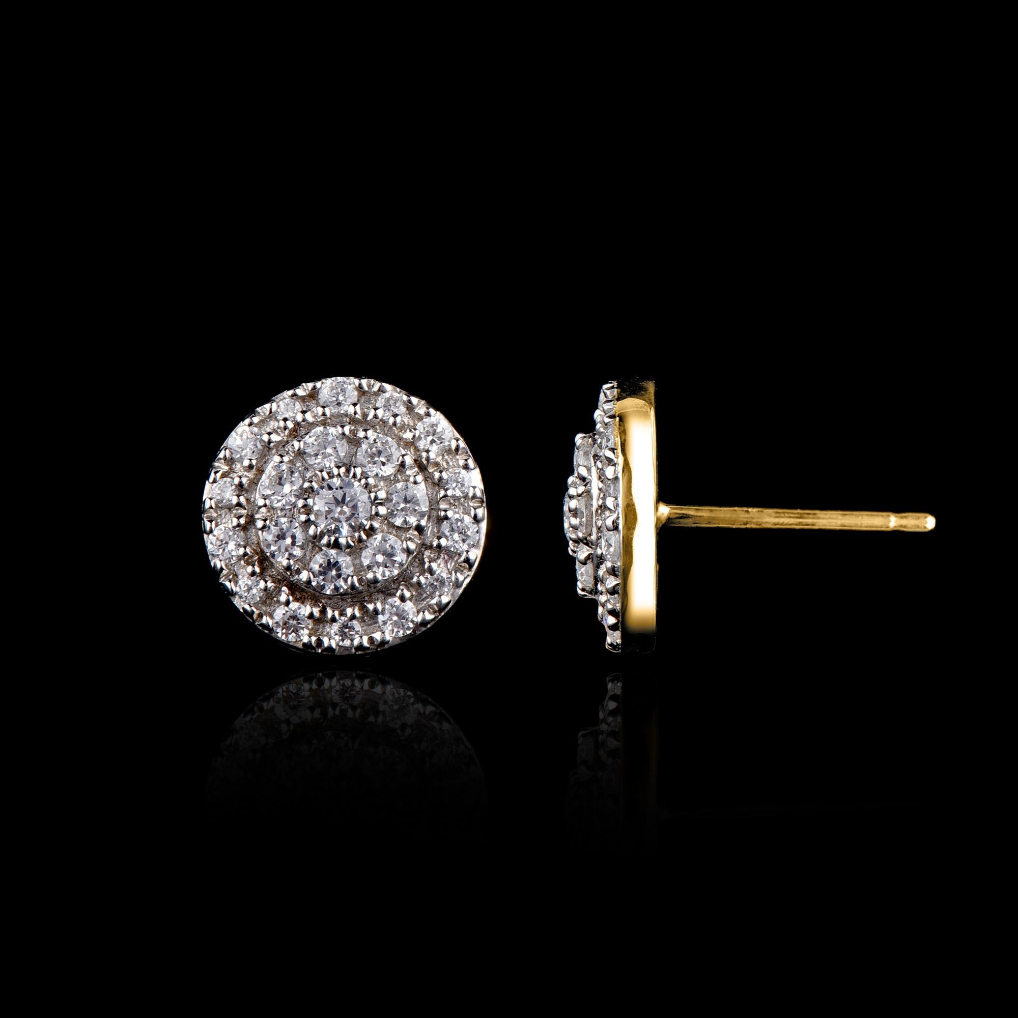 Art déco TJD - Boucles d'oreilles Halo Cluster en or jaune 14 carats avec diamant rond de 0,50 carat en vente
