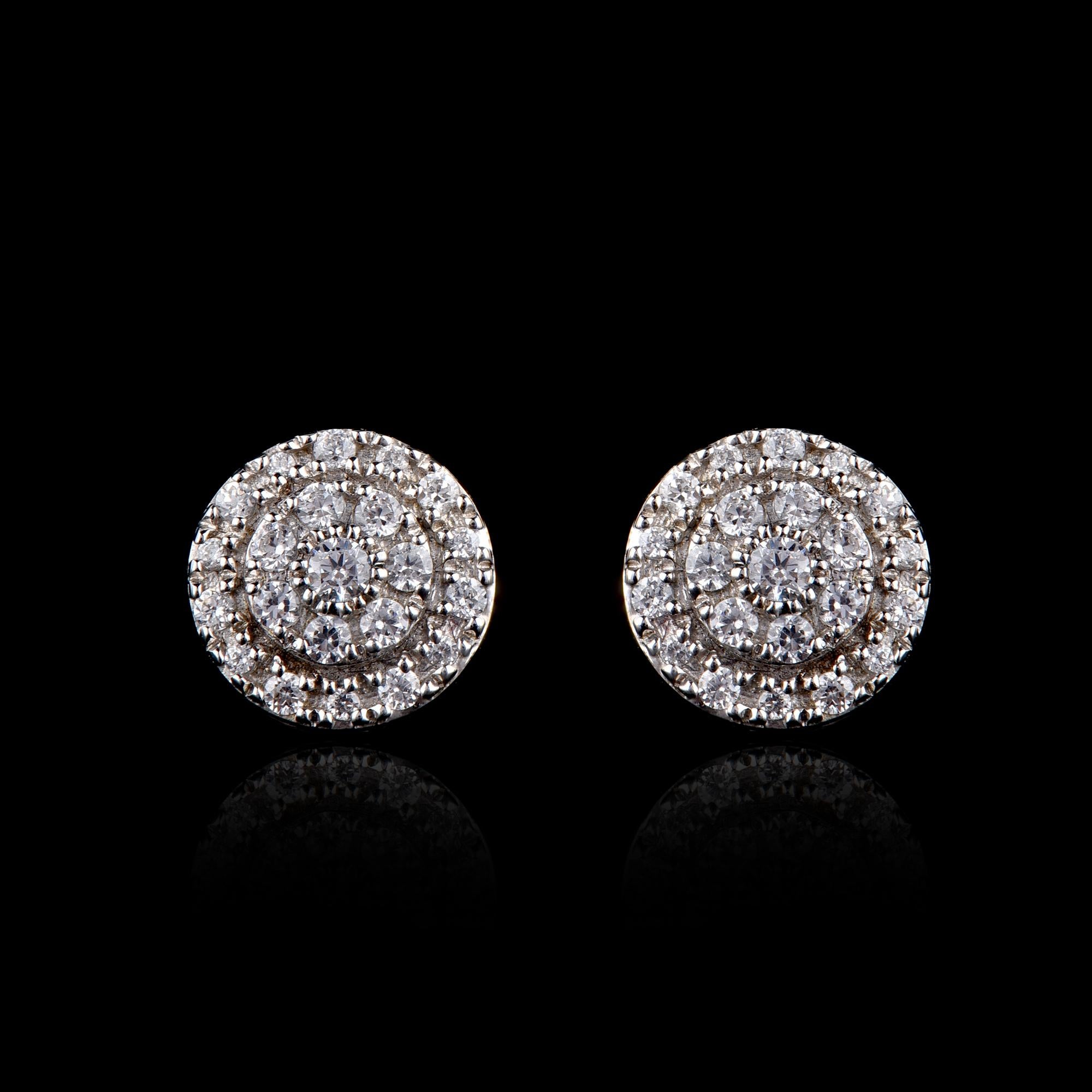 TJD 0.50 Carat Round Diamond 14 Karat Yellow Gold Halo Cluster Stud Earrings In New Condition For Sale In New York, NY