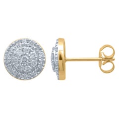 TJD 0.50 Carat Round Diamond 14 Karat Yellow Gold Halo Cluster Stud Earrings