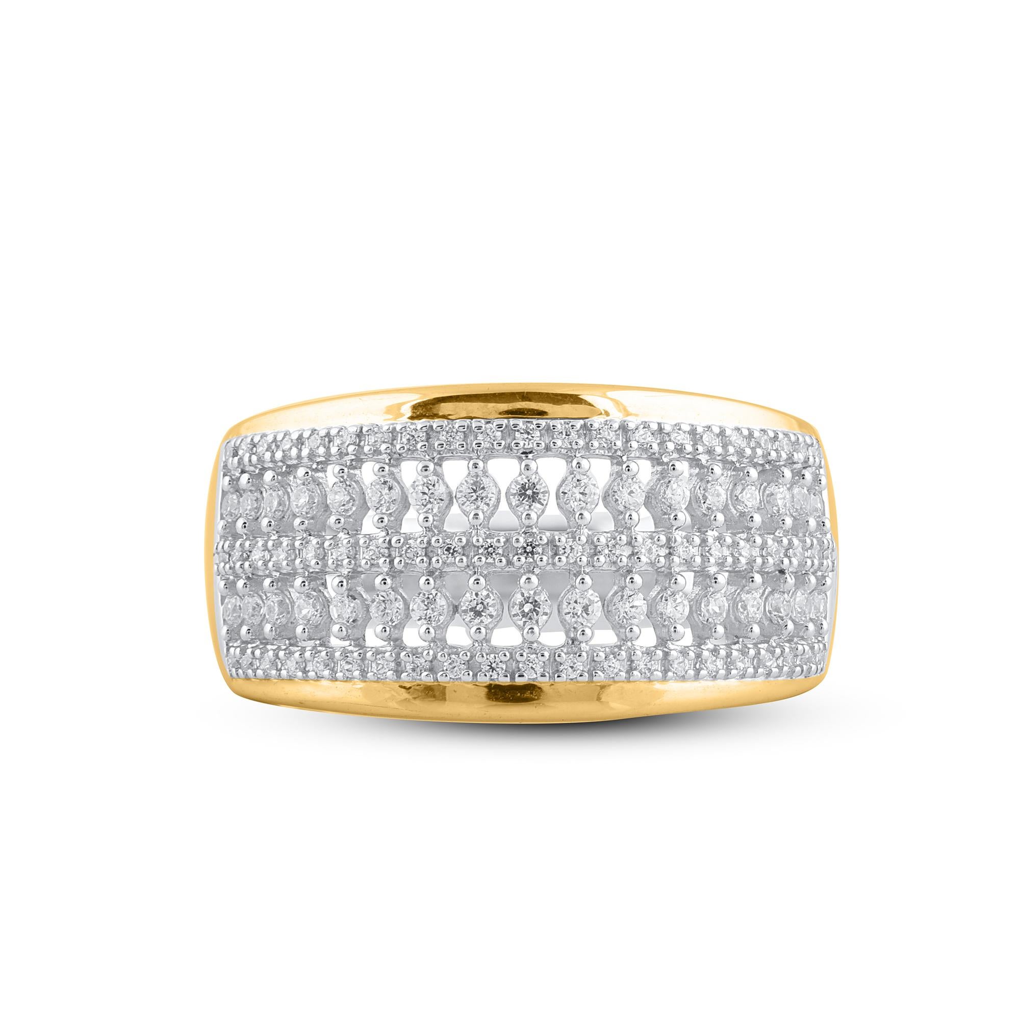Art Deco TJD 0.50 Carat Round Diamond 14 Karat Yellow Gold Multi-Row Wedding Dome Ring For Sale
