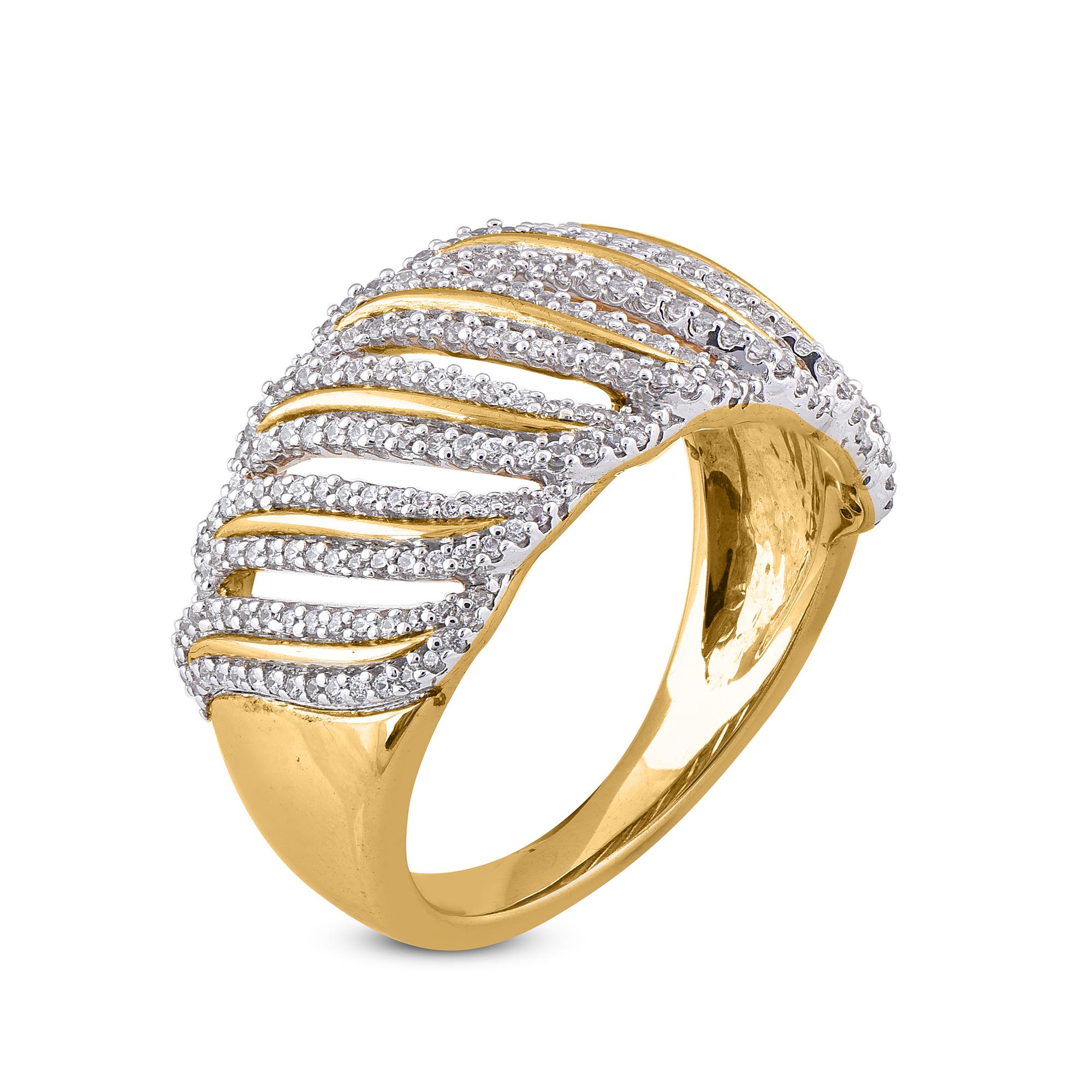 Stunning and classic, this diamond ring is beautifully crafted in 14KT yellow gold. This wave engagement band ring is studded with sparkling 283 round diamonds in secured pressure setting. The diamonds are natural, not-treated and conflict-free with