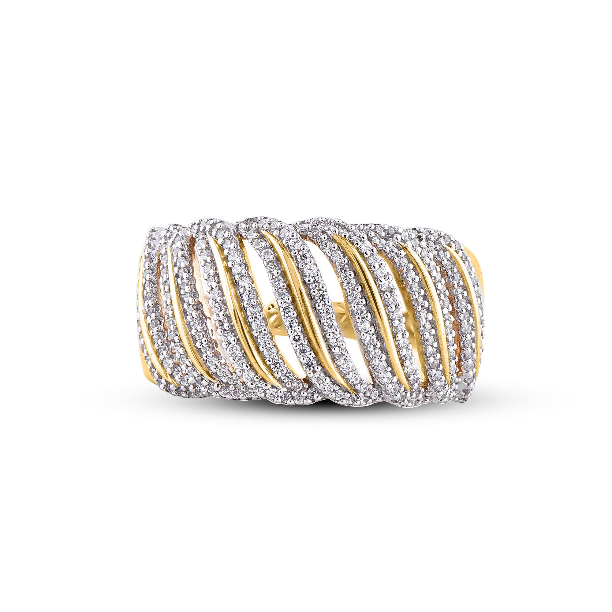 Art Deco TJD 0.50 Carat Round Diamond 14 Karat Yellow Gold Wavy Shaped Wide Wedding Band For Sale