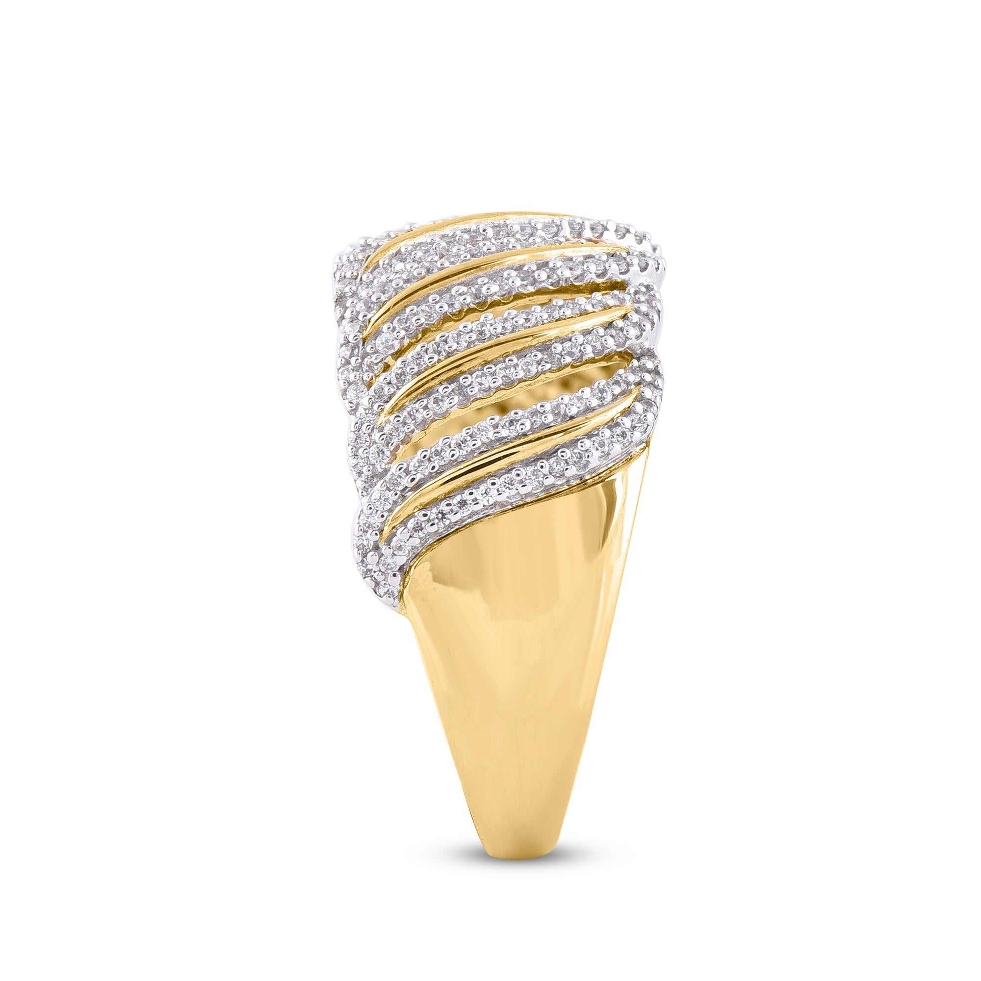 Round Cut TJD 0.50 Carat Round Diamond 14 Karat Yellow Gold Wavy Shaped Wide Wedding Band For Sale