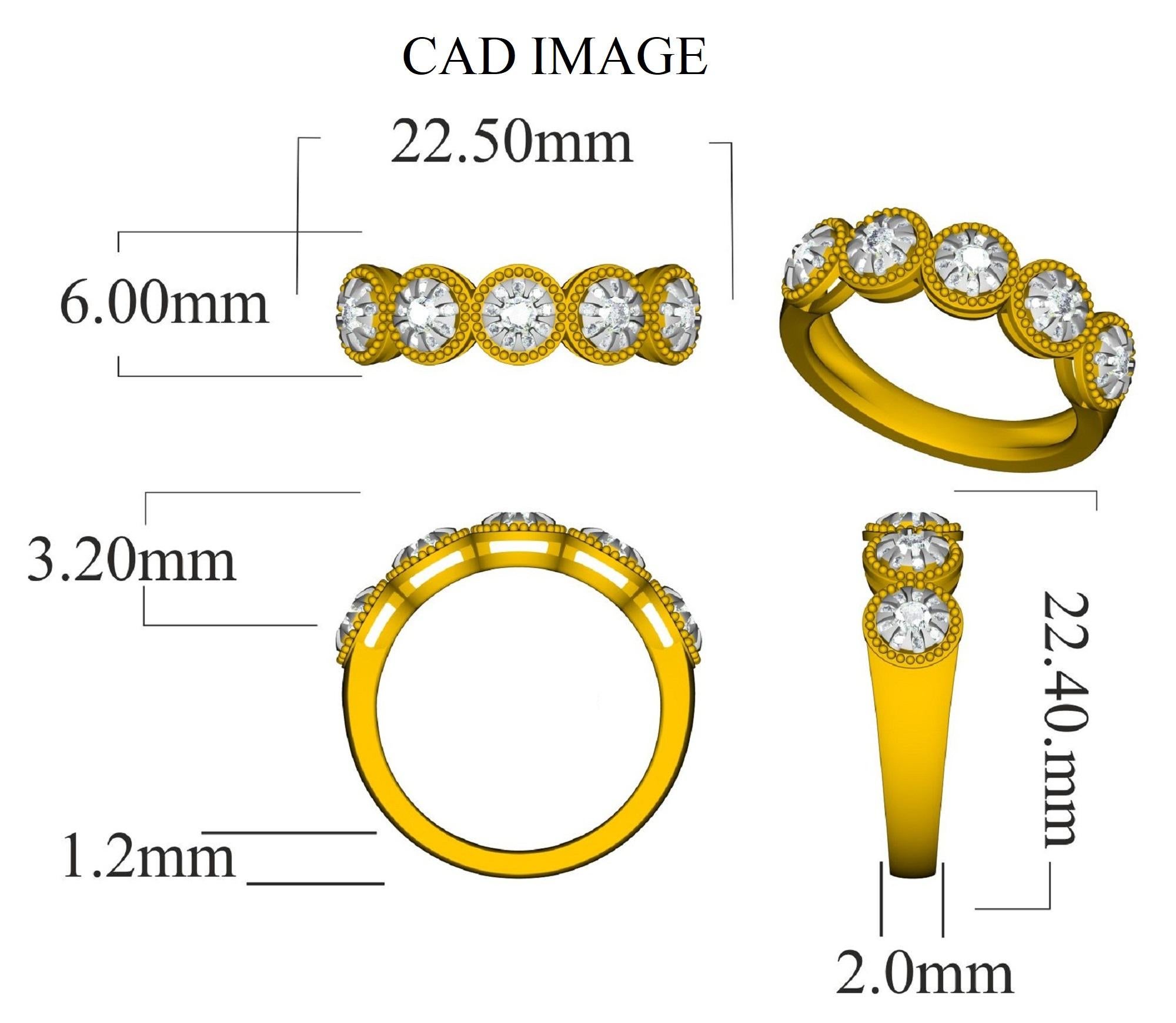Stunning and classic, this diamond ring is beautifully crafted in 14K Solid White gold. This five stone wide band is surrounded with small sparkling 50 round white diamonds in secured prong and channel setting. The diamonds are natural, not-treated