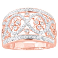 TJD 0.50 Carat Round Diamond 14K Rose Gold Wave Crisscross Filigree Fashion Ring