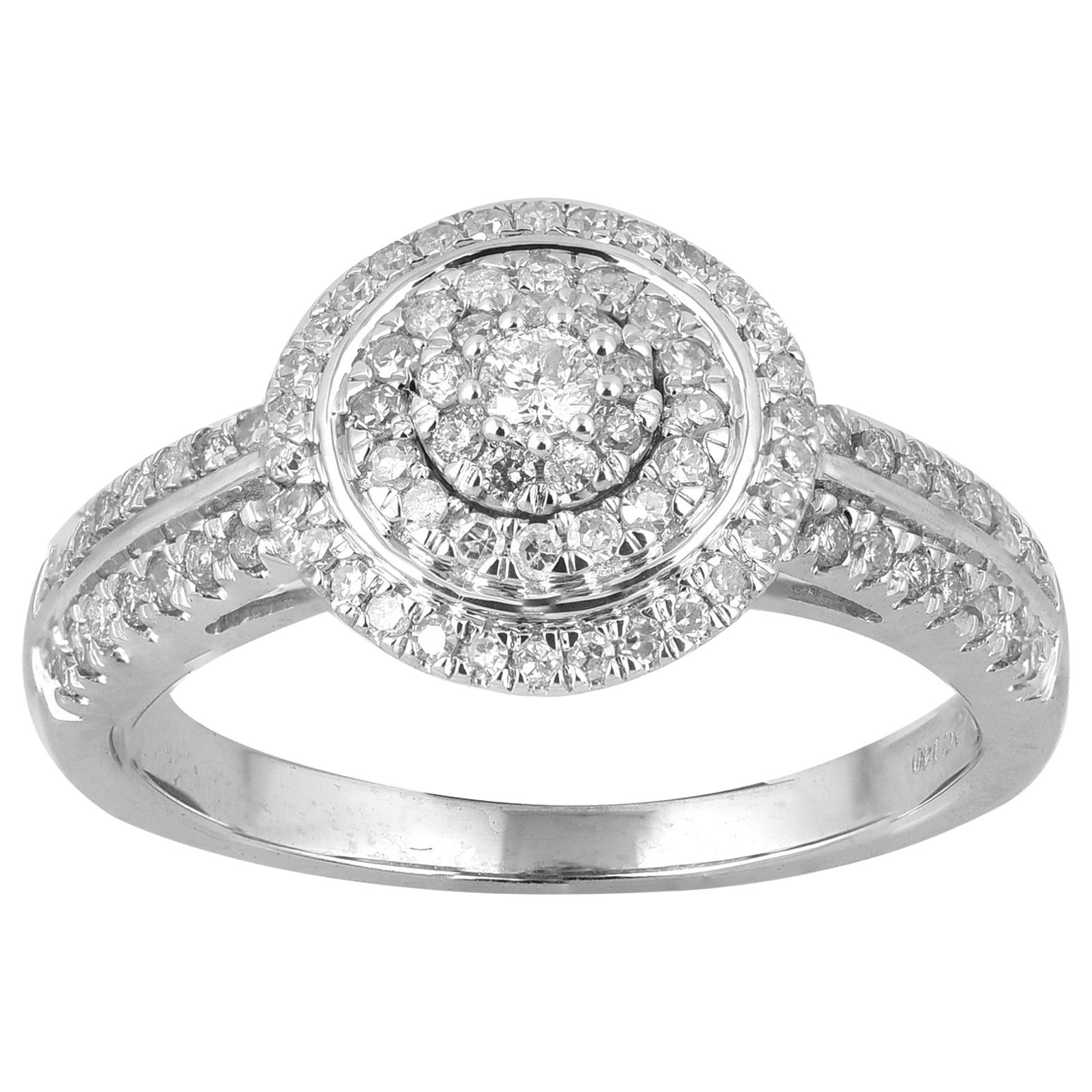 TJD 0.50 Carat Round Diamond 14K White Gold Double Frame Cluster Engagement Ring For Sale