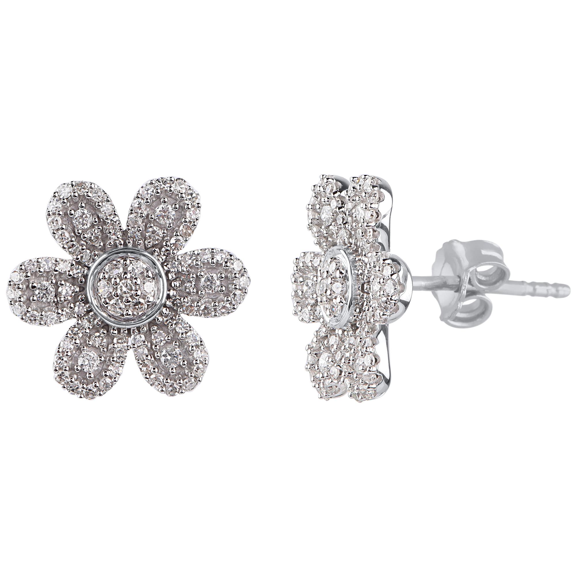 TJD 0.50 Carat Round Diamond 14K White Gold Flower Shape Cluster Stud Earrings