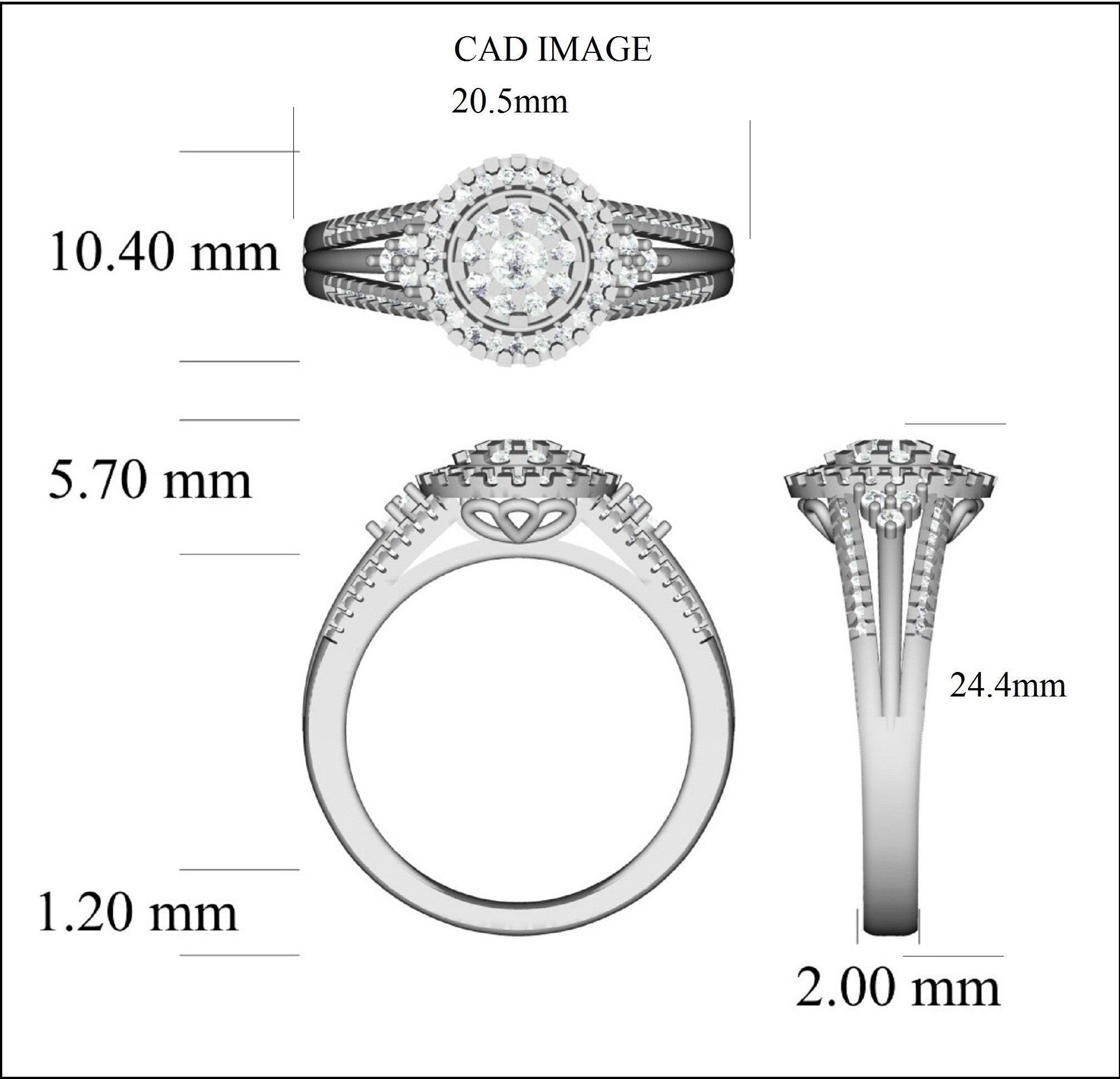 Exquisite 14K white gold halo ring featuring cluster design with split shank and jeweled with 75 white diamonds. This ring is superbly detailed to perfection and set with 0.50 carat of sparkling brilliant cut round diamonds in secured prong setting.