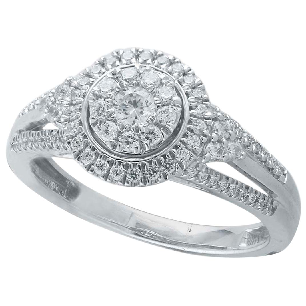 TJD 0.50 Carat Round Diamond 14K White Gold Halo Cluster Engagement Ring For Sale
