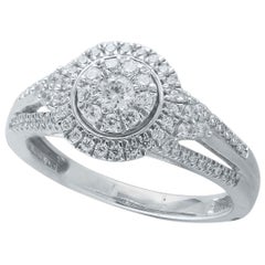 TJD 0.50 Carat Round Diamond 14K White Gold Halo Cluster Engagement Ring