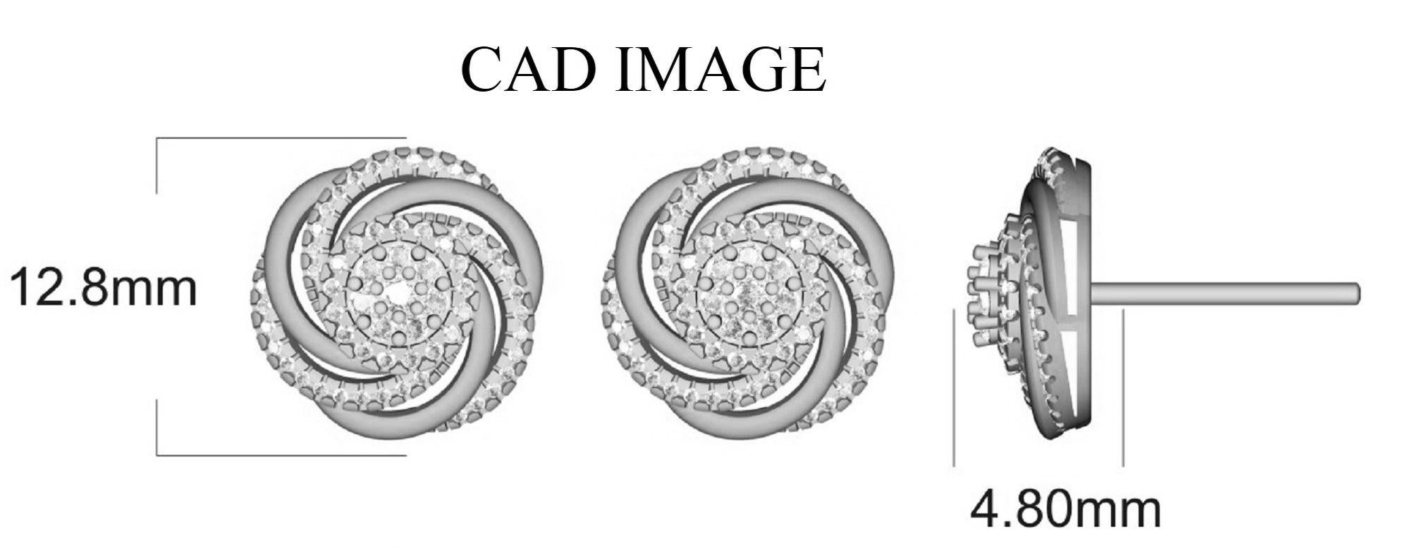 14 Karat White Gold Spiral Stud  Earrings With 122 Round Brilliant Diamonds timeless Diamond Spiral Stud earrings have 0.50 Carats of Round Brilliant set in prong and micro-prong setting, H-I color I2 clarity. These sparkling post earrings secure