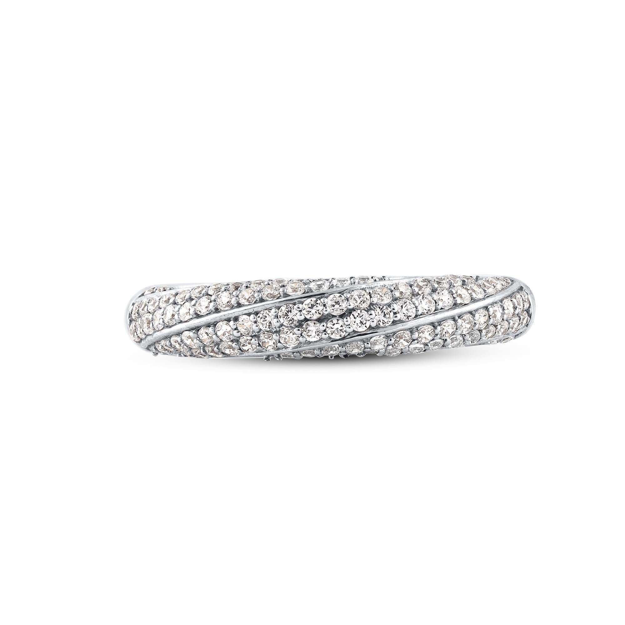 Beautiful Round Natural Diamond spiral design Band Ring. This ring is beautifully designed and pave set with 94 round brilliant diamonds. The total weight of diamonds 0.50 carat, H-I Color and I2 Clarity. This ring has high polish finish and is