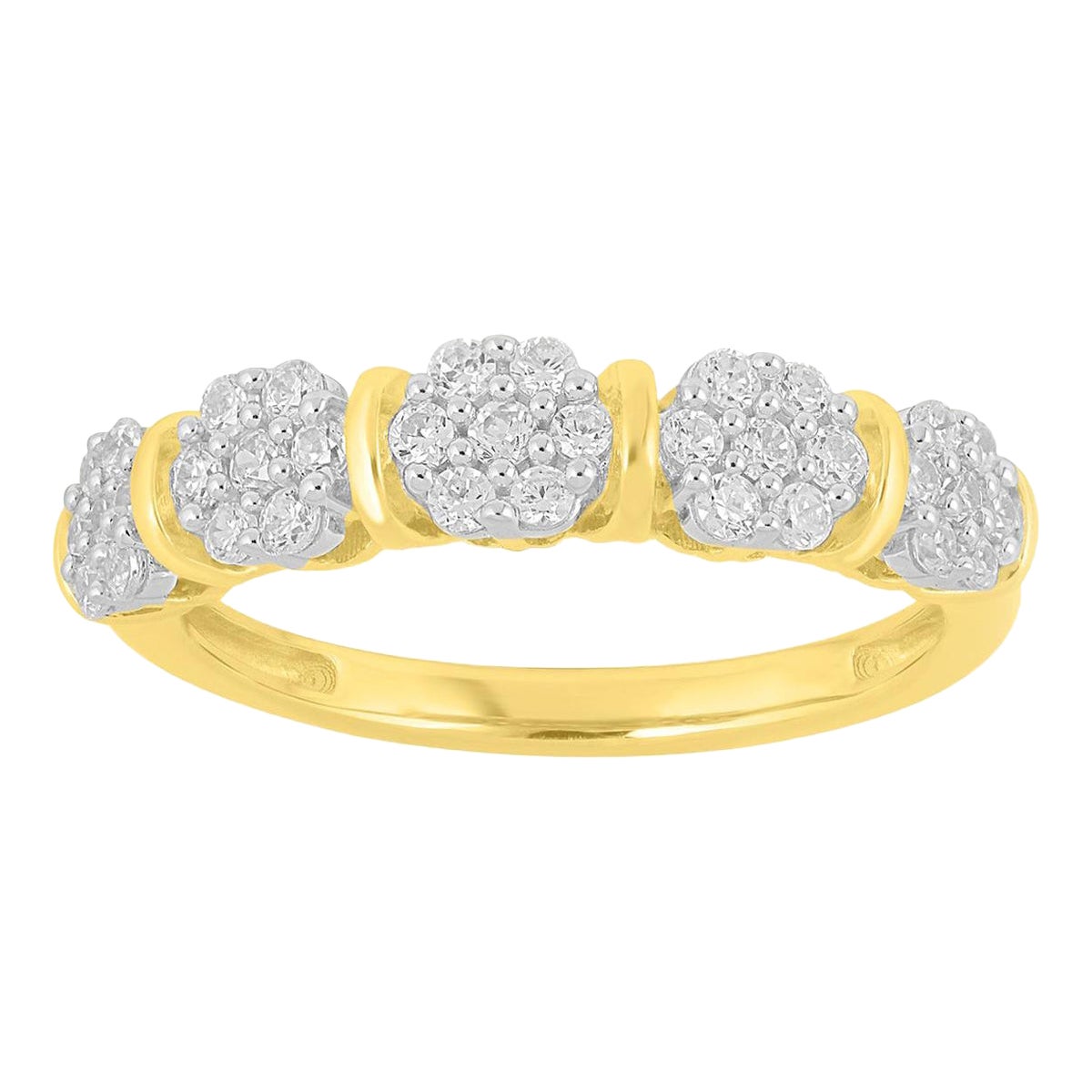 TJD 0.50 Carat Round Diamond 14K Yellow Gold 5 Cluster Fashion Wedding Band Ring For Sale