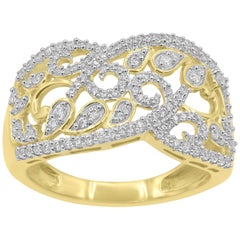 TJD 0.50 Carat Round Diamond 14k Yellow Gold Art Deco Style Band Ring