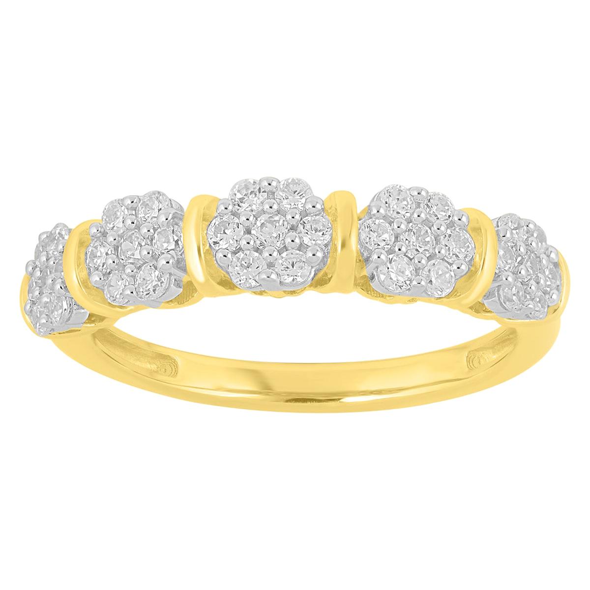 TJD 0.50 Carat Round Diamond 14K Yellow Gold 5 Cluster Fashion Wedding Band Ring For Sale